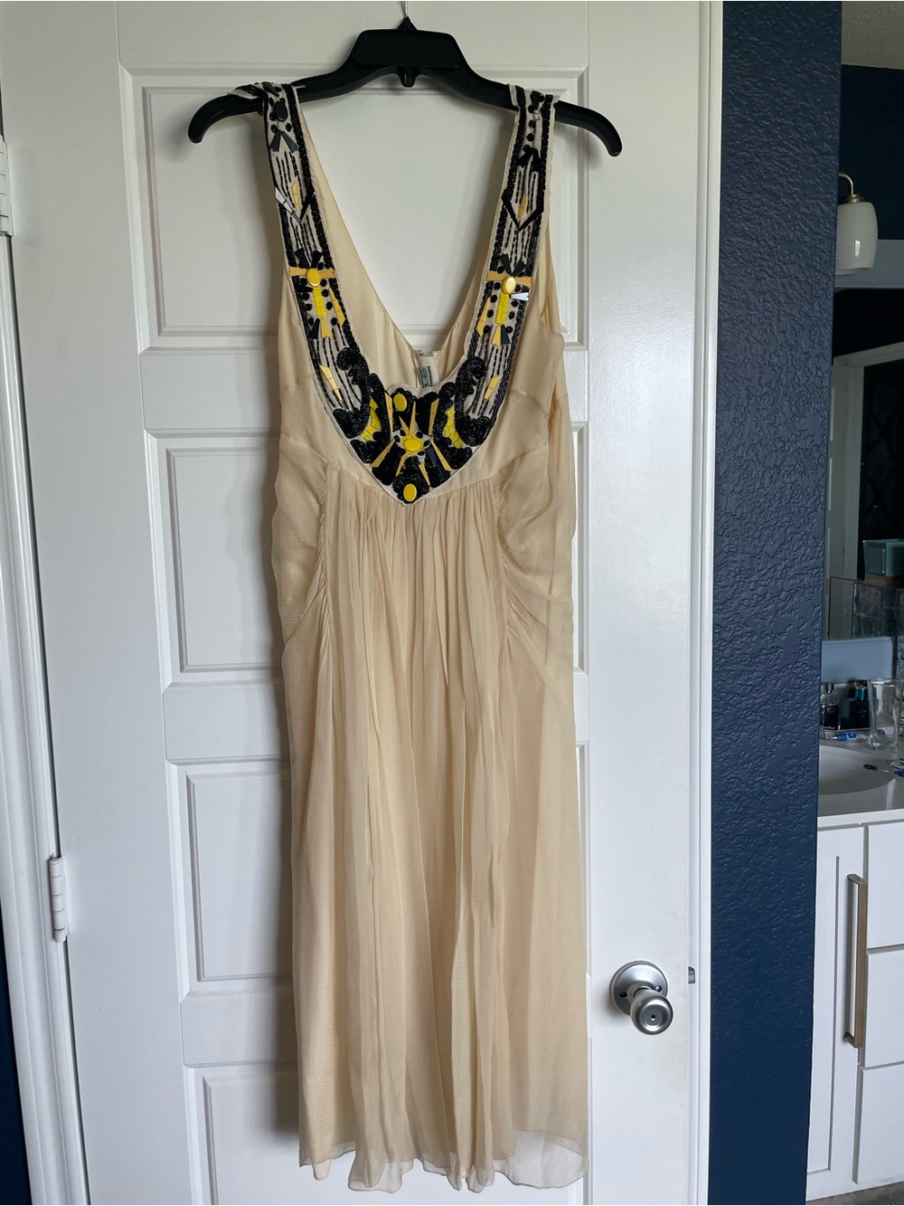 Prada Cream Midi Dress with Black and Yellow Beaded V-Neck